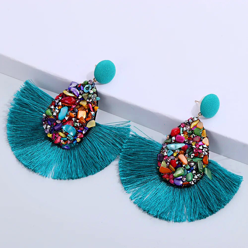Vacation Ready Teal Tassel Earrings