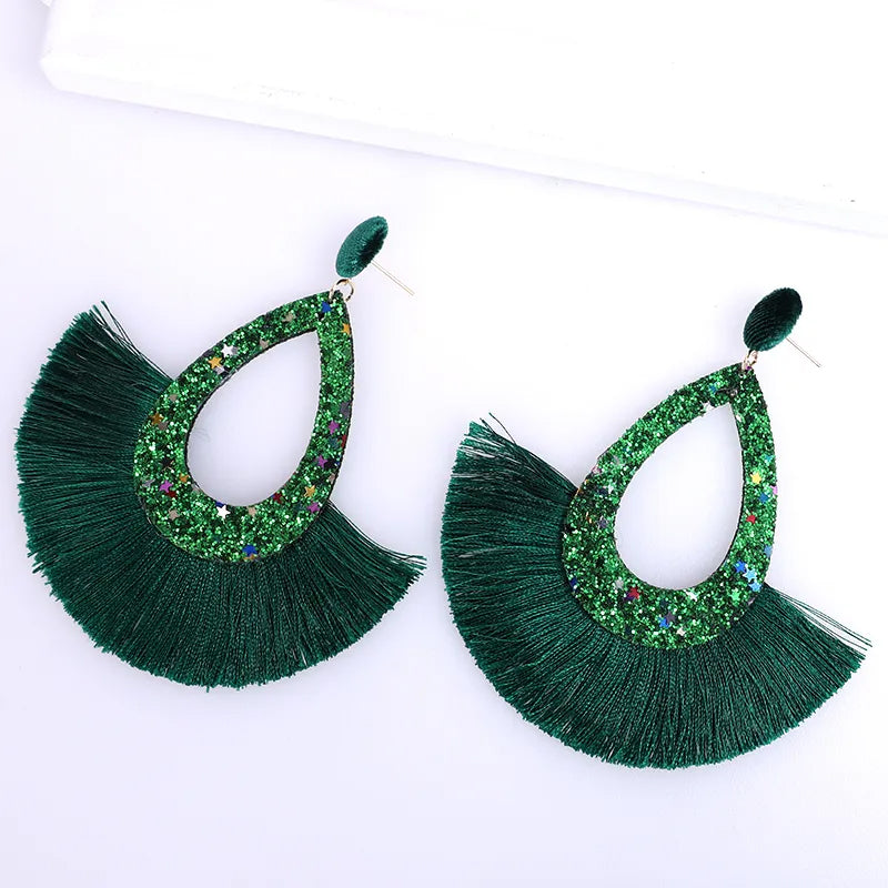 Glitter Gala Green Tassel Earrings